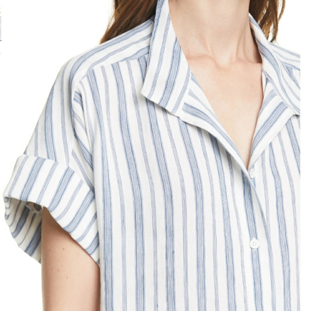 FRAME Stripe Clean Collar Linen Blend Shirt